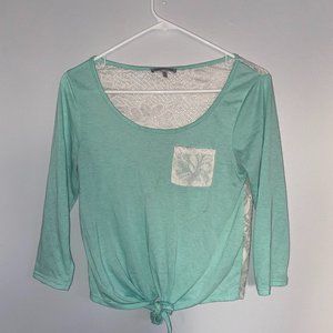 Teal/Mint Tie Front Crop Top 3/4 Sleeve White Lace